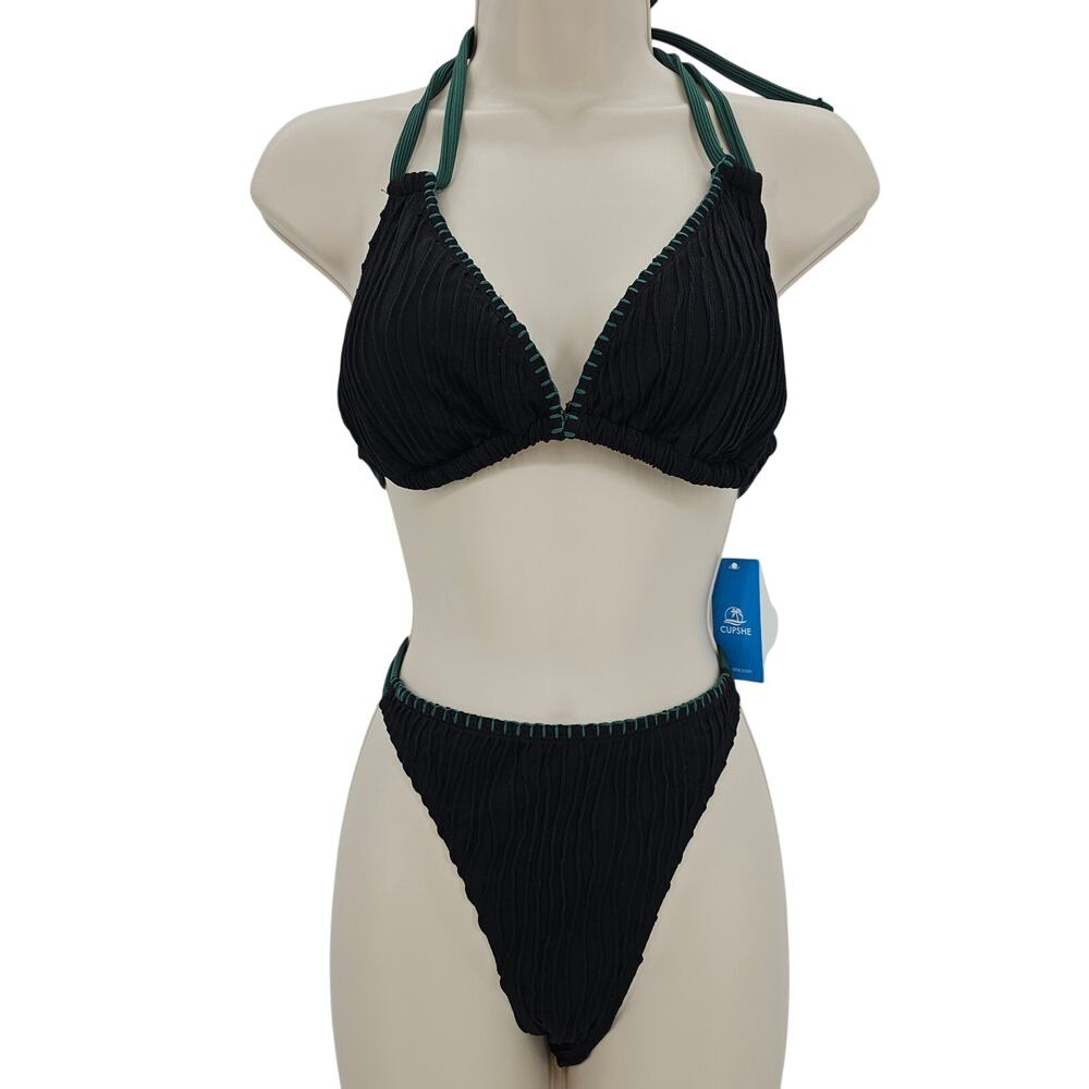 Cupshe Womans size M Textured Rib Double Strap Triangle Bikini Black/Green NEW